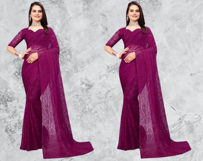 Vragi Self Design Bollywood Net Saree(Pack of 2, Purple)