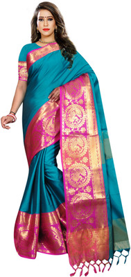 JS Clothing Mart Self Design Banarasi Cotton Silk Saree(Dark Green)
