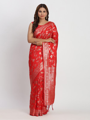 Tasrika Woven Banarasi Cotton Silk Saree(Red)