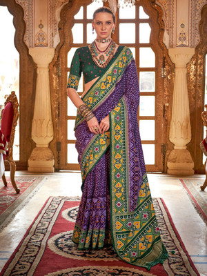 ANOUK Printed Patola Silk Blend Saree(Purple)
