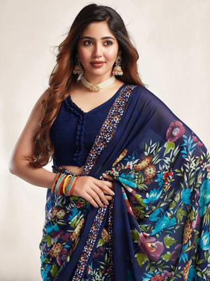 HouseOfCommon Printed Bollywood Georgette Saree(Dark Blue)