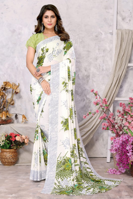 Priyashi Printed, Digital Print Bollywood Georgette Saree(Green, White)