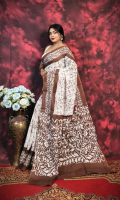 SARATHITEXTILE Color Block Hand Batik Cotton Blend Saree(Brown)