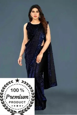 Amavii Solid/Plain Bollywood Lycra Blend Saree(Dark Blue)