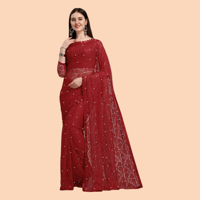 nexxxa Self Design Bollywood Net Saree(Maroon)