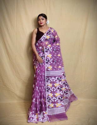 SPFashion Self Design Jamdani Cotton Silk Saree(Purple)