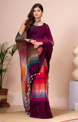 crochetin Striped Handloom Handloom Cotton Blend Saree(Multicolor)