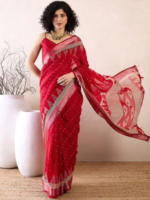 Anouk Rustic Printed Pre Draped Saree Linen Saree(Red)