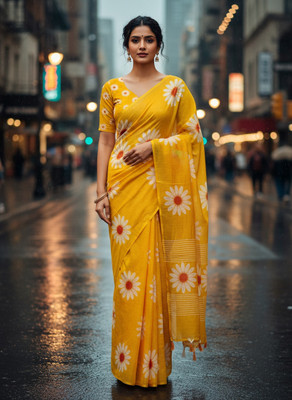 Bandhanivilla Digital Print, Floral Print Bollywood Linen Saree(Yellow)