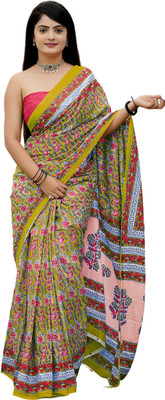 HMP Fashion Printed Ikkat Cotton Blend Saree(Yellow)