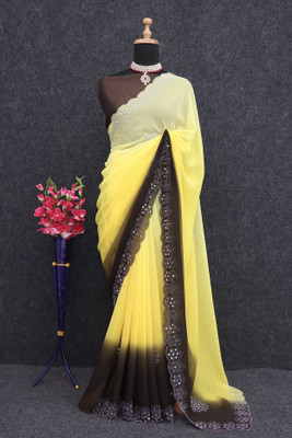 agb tex Temple Border, Self Design Bollywood Georgette Saree(Yellow)