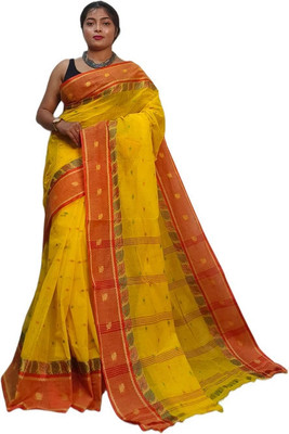 HouseOfCommon Woven Daily Wear Pure Cotton Saree(Yellow, Orange)