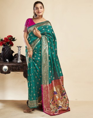 Samah Woven, Embellished, Self Design Paithani Silk Blend Saree(Dark Green, Magenta)