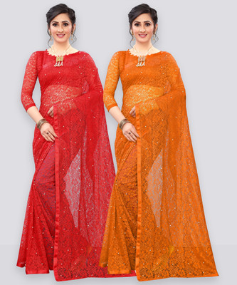 LOROFY Self Design Bollywood Net Saree(Pack of 2, Red, Orange)