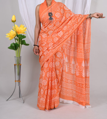 Threadier Printed Bollywood Pure Cotton Saree(Orange)