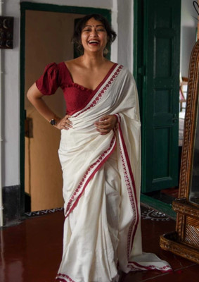 Sandhyatara Self Design Handloom Pure Cotton Saree(White)
