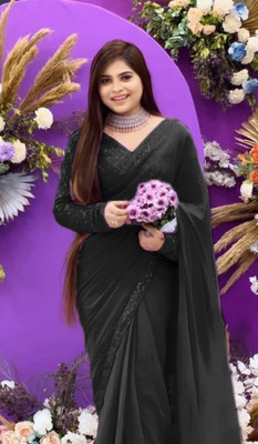 ANGEL CREATIVE Embroidered, Embellished Hand Batik Georgette Saree(Black)