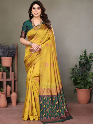 Moda Rapido Woven Daily Wear Silk Blend Saree(Yellow)