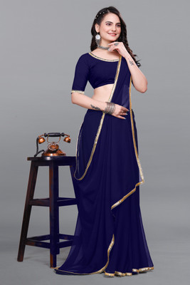 Labheshwari Solid/Plain Bollywood Georgette Saree(Blue)