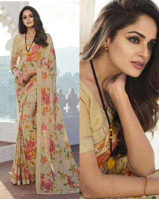 peer store Printed Bollywood Chiffon, Georgette Saree(Cream)