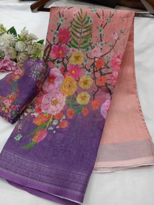 ASHTA Floral Print Kanjivaram Linen Saree(Purple)