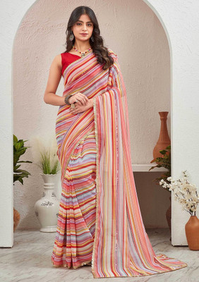 GAVUBAA Digital Print, Printed, Striped Bollywood Georgette Saree(Red)