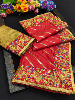 DRIZOMIZ Embroidered Bollywood Silk Blend Saree(Red)
