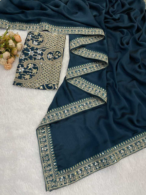 Divastri Solid/Plain Bollywood Pure Silk Saree(Dark Blue)