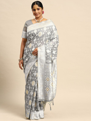 Sztori Woven, Self Design Banarasi Cotton Linen Saree(Grey)