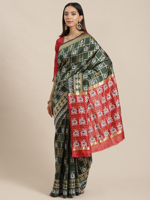 SERONA FABRICS Printed, Woven Banarasi Cotton Silk Saree(Dark Green)