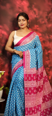 SARATHITEXTILE Color Block Hand Batik Cotton Blend Saree(Light Blue)