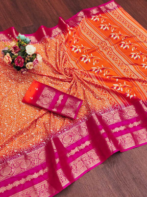 Sanjana Silks Embellished Bollywood Silk Blend Saree(Orange)