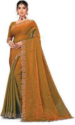 CHANDUTEXTILES Embroidered, Self Design Assam Silk Chiffon Saree(Gold)