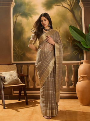 Sangria Self Design Saree with Attached Blouse Organza Saree(Gold)