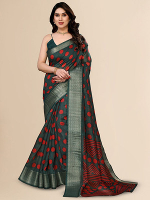 Moda Rapido Printed Bollywood Cotton Blend Saree(Green, Red)