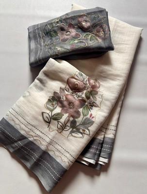 Tanishika creation Printed Bollywood Cotton Linen Saree(Grey)