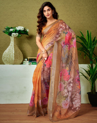 Samah Printed Bollywood Linen Saree(Orange)