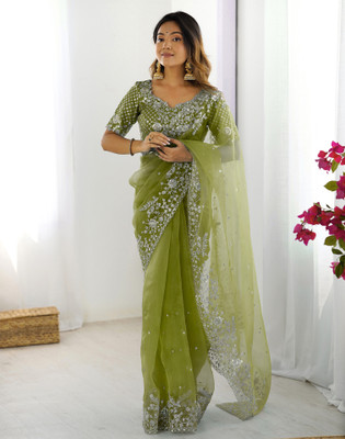 Satrani Embroidered, Embellished Bollywood Organza Saree(Green)