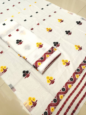 MADHAV Printed Mekhela Chador Cotton Silk Saree(White)