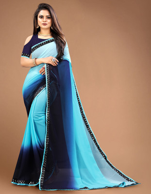Fashion Files Color Block Bollywood Georgette, Art Silk Saree(Blue)