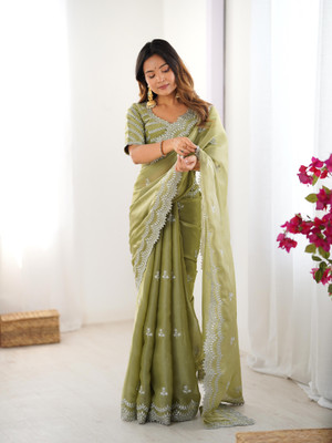 Sajavat Embroidered, Embellished, Woven Bollywood Jimmy choo Saree(Light Green)
