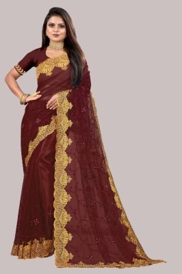 MIYANIFAB Embroidered, Floral Print Bollywood Net Saree(Brown)