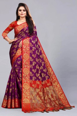 rangbhakti Self Design, Checkered, Embroidered, Woven Banarasi Cotton Silk, Jacquard Saree(Magenta)