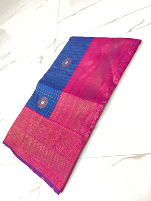 SnehaWomensWear Self Design Banarasi Silk Blend Saree(Dark Blue, Pink)