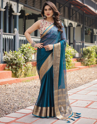 Satrani Woven, Embellished Mangalagiri Chiffon Saree(Green)