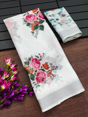 Myraani Floral Print Daily Wear Cotton Linen Saree(White)