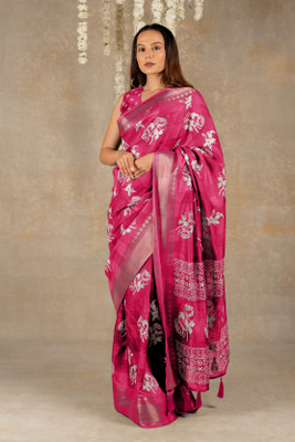 MIRCHI FASHION Floral Print, Temple Border Bollywood Cotton Blend Saree(Pink, White)