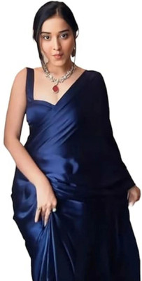 Sataz Solid/Plain Pre Draped Saree Satin Saree(Dark Blue)
