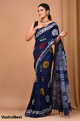 VastraNest Printed Hand Batik Cotton Linen Saree(Dark Blue, Multicolor)