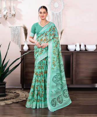 Samah Floral Print, Printed, Embellished Daily Wear Linen, Cotton Blend Saree(Light Blue)